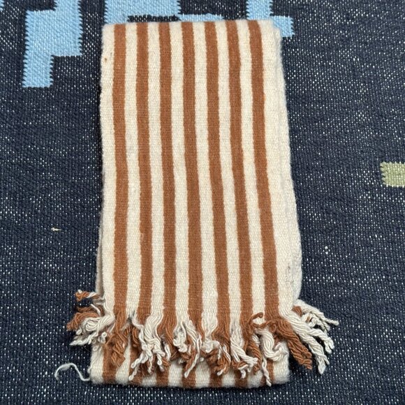 Ecuadorian 100% Wool Fringed Striped Scarf, Natural Cream with Brown Stripes - Picture 1 of 13